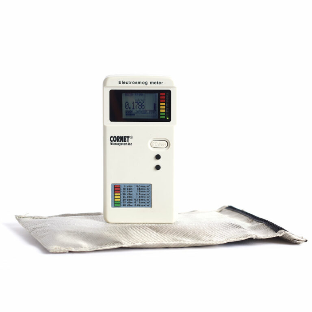Faraday Defense NX3 ESD EMP 85dB Triple Layer Cyber Fabric Bag 12"x18" with electrosmog meter.