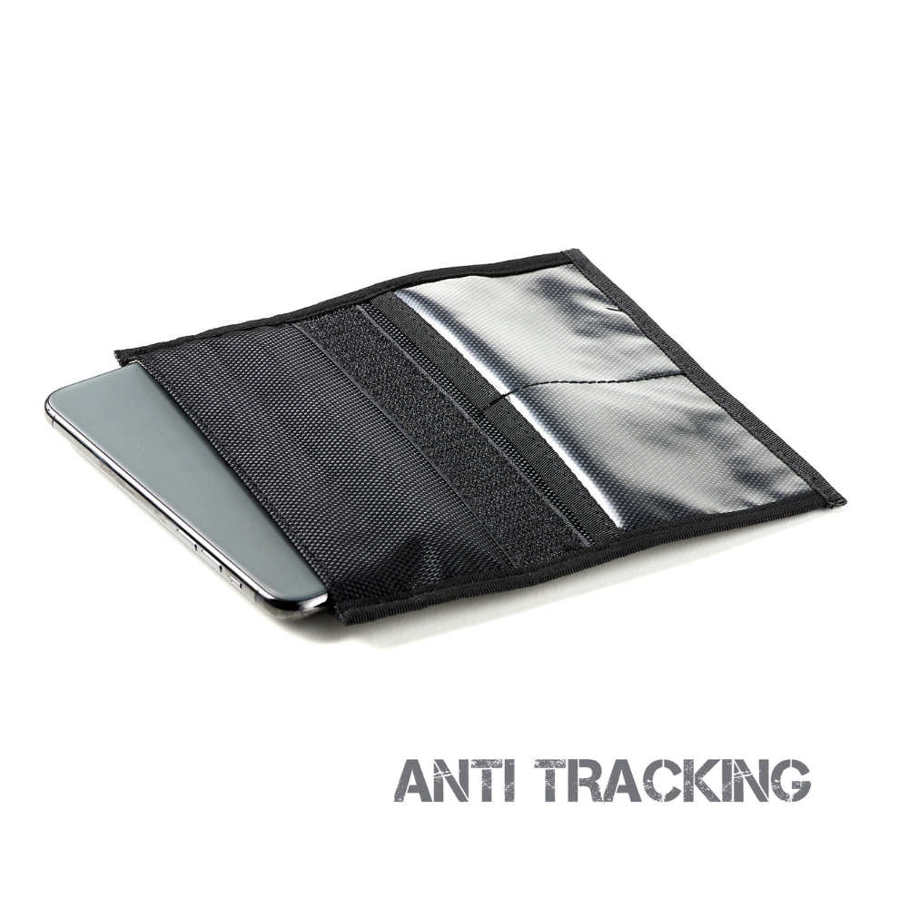 Faraday Jacket Forensic Cell Phone Triple Layer Fabric Bag with anti-tracking features open showing phone in pocket.