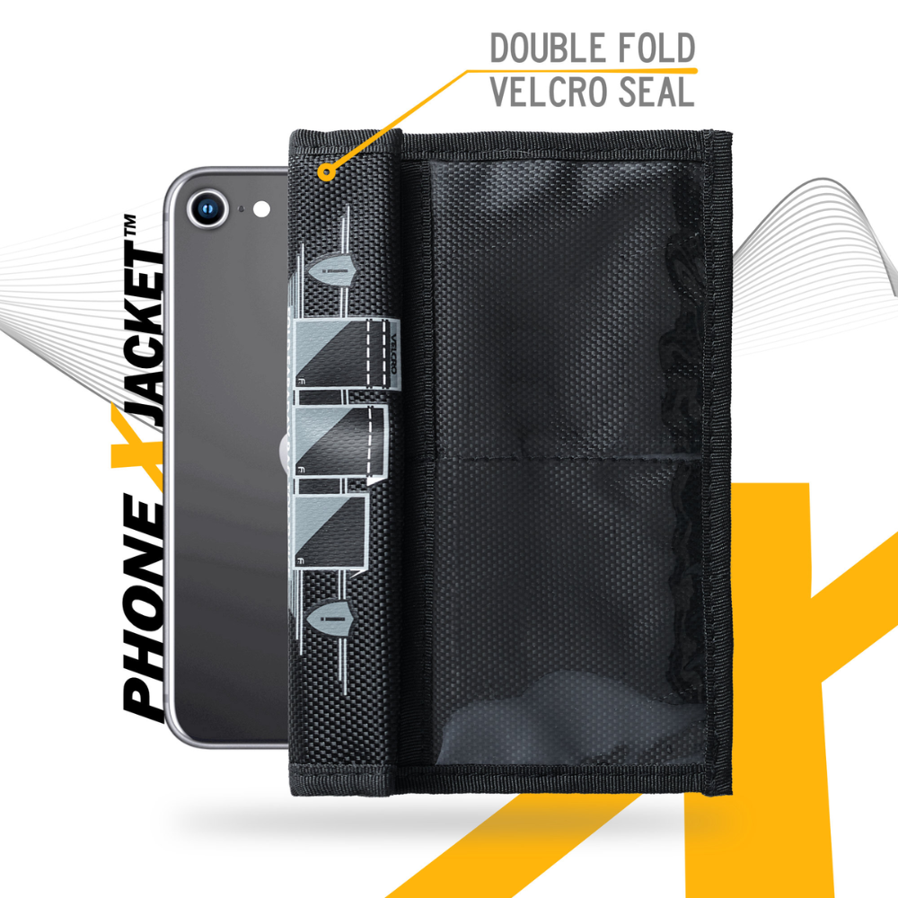 Faraday Jacket Forensic Cell Phone Triple Layer Fabric Bag displayed with a phone, featuring double fold velcro seal.