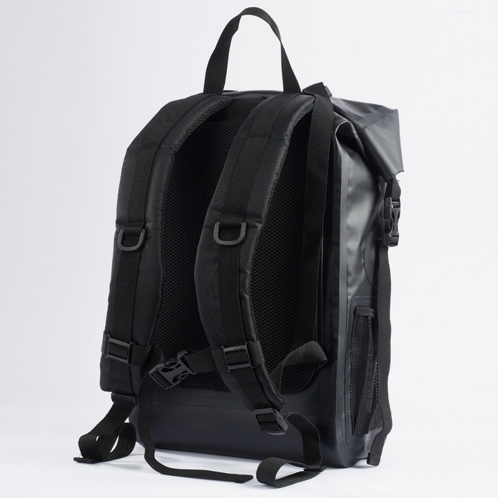 Faraday Dry Bag Backpack in stealth black with dual-clip closure and mesh pockets, perfect for travel and storage.