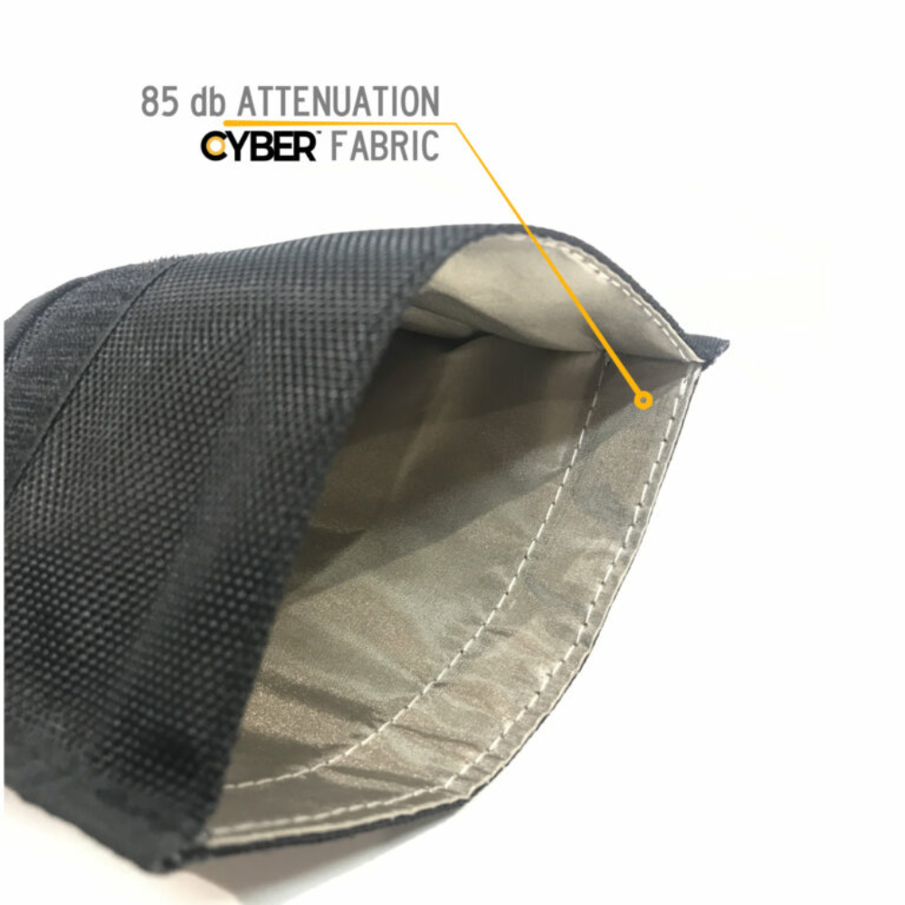 Faraday Jacket Forensic Cell Phone Triple Layer Fabric Bag showing 85 dB attenuation CYBER fabric interior details.