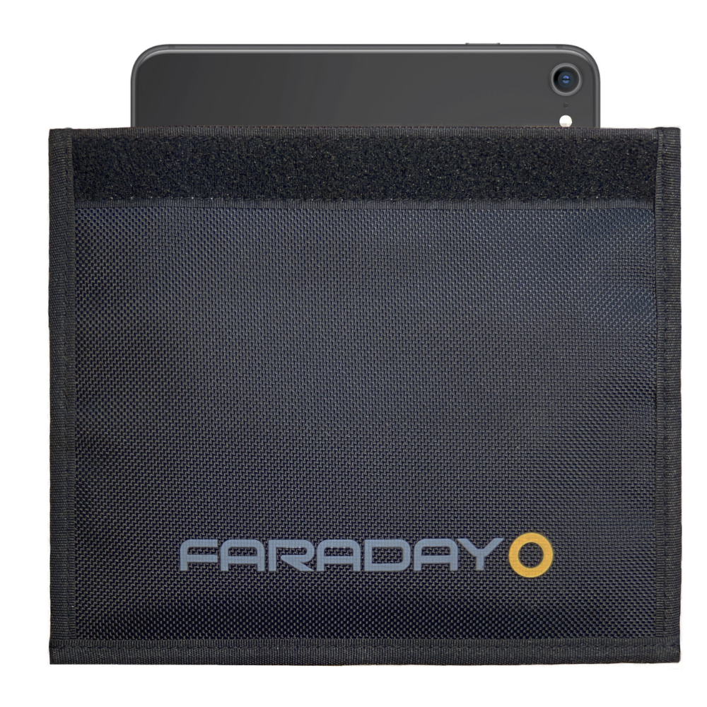 Faraday Jacket Forensic Cell Phone Triple Layer Fabric Bag shown with a smartphone partially inserted inside.