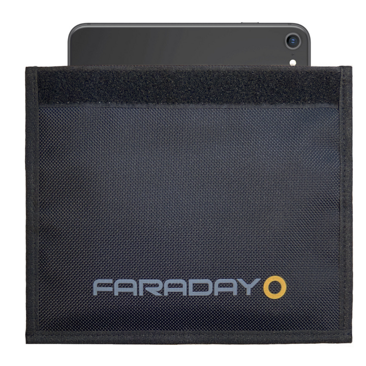 Faraday Jacket Forensic Cell Phone Triple Layer Fabric Bag shown with a smartphone partially inserted inside.