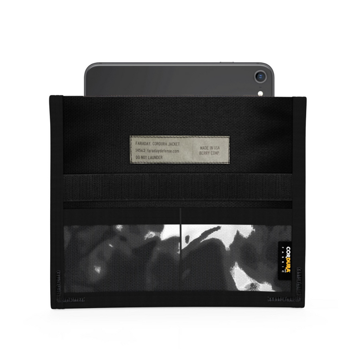Faraday Cordura Berry Compliant JACKET Large Tablet Bag 9" x 12" in black with a tablet partially inserted.