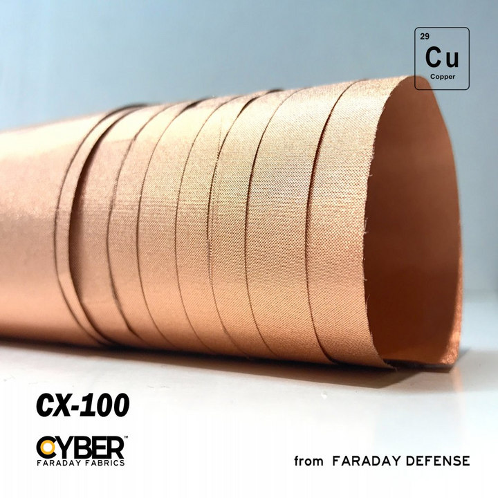 Faraday Cyber CX 100 fabric showcasing 100% copper plating for EMF RF shielding, displayed in a rolled position.