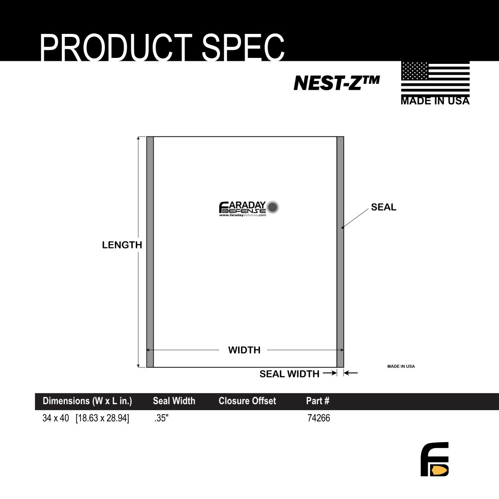 Faraday 1 PC XXX-Large NEST-Z 7.0 Mil product specifications showing dimensions and seal details.