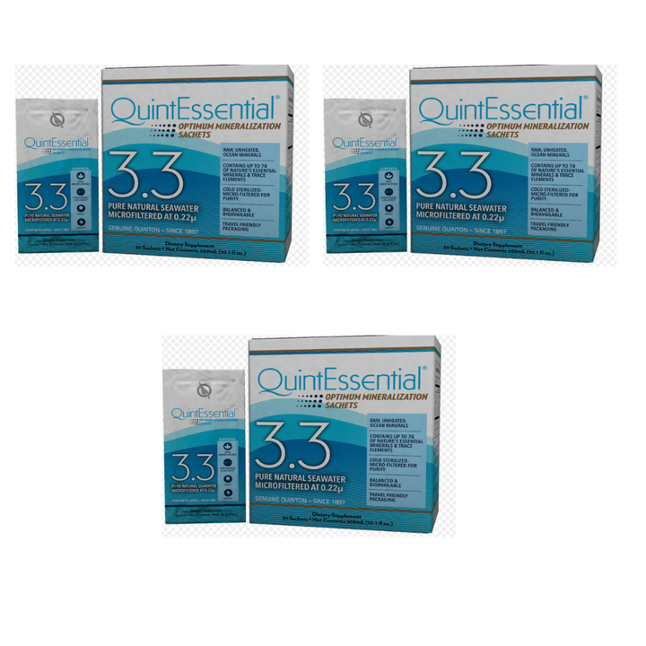 Quicksilver Scientific QuinEssential 3.3 sachets 3 pack, optimal mineralization, seawater hydration supplement.