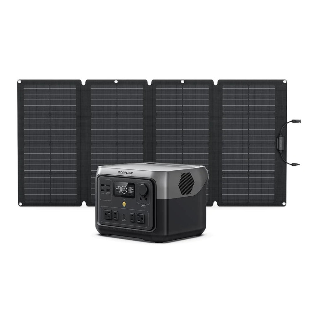 EcoFlow RIVER 2 Max Power Station With One 160W Power LFP 512Wh Solar Panel displayed with solar panels.