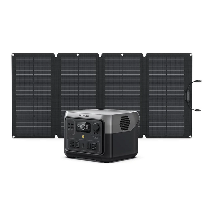 EcoFlow RIVER 2 Max Power Station With One 160W Power LFP 512Wh Solar Panel displayed with solar panels.