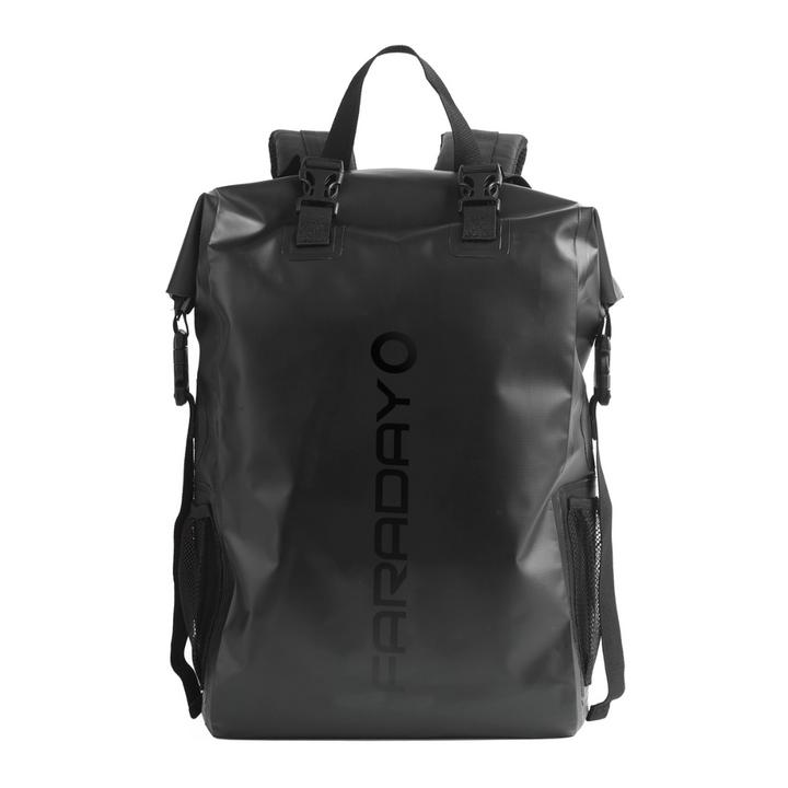 Faraday Dry Bag Backpack in stealth black with dual-clip closure and mesh pockets for secure storage.