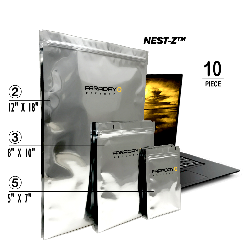 Faraday 10 PC Large-Kit NEST-Z 7 Mil Moisture Barrier EMP Bags displayed next to a laptop.