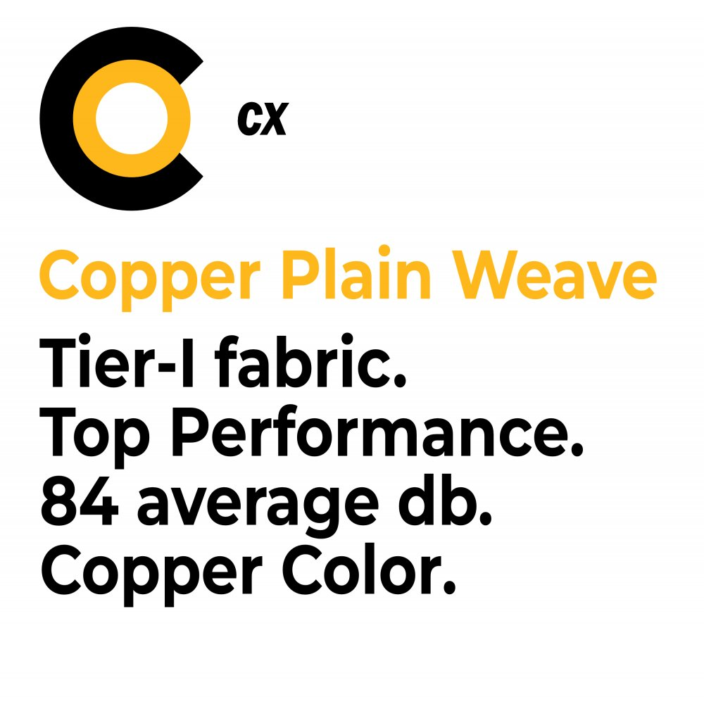 Faraday Cyber CX Faraday Copper Plain Weave fabric showcasing tier-I performance with 84 average db and copper color.