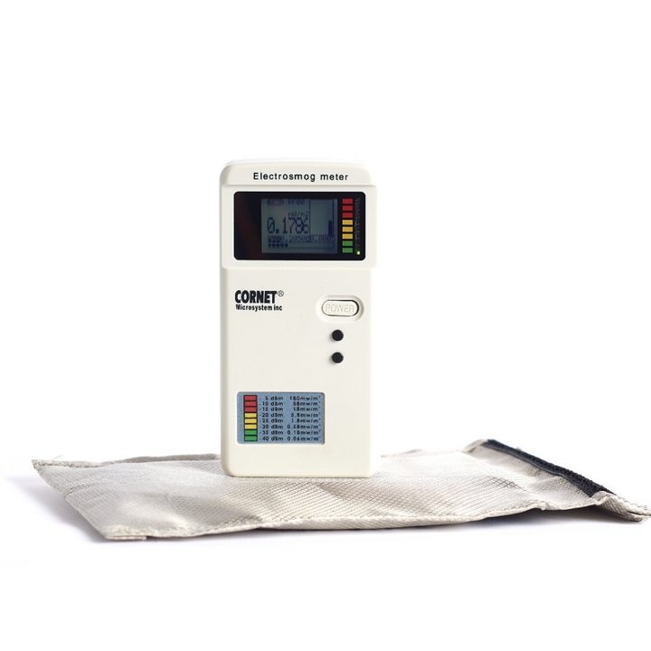 Faraday Defense NX3 ESD EMP bag with an Electrosmog meter on top, showing shielding effectiveness.