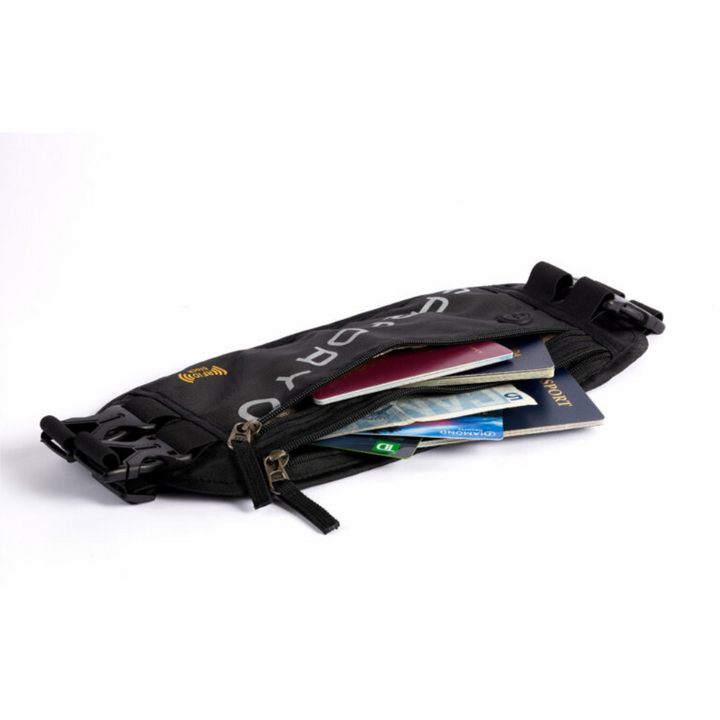 Faraday Waist Pack RFID with passports and cards inside, designed for security and convenience while traveling.