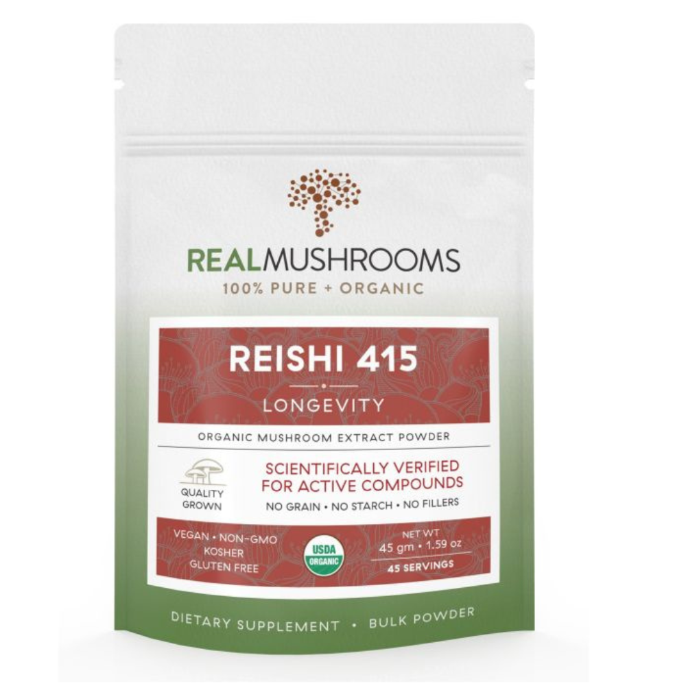 Real Mushrooms Reishi Mushroom Extract bulk powder package with details and organic certification, 45 grams.