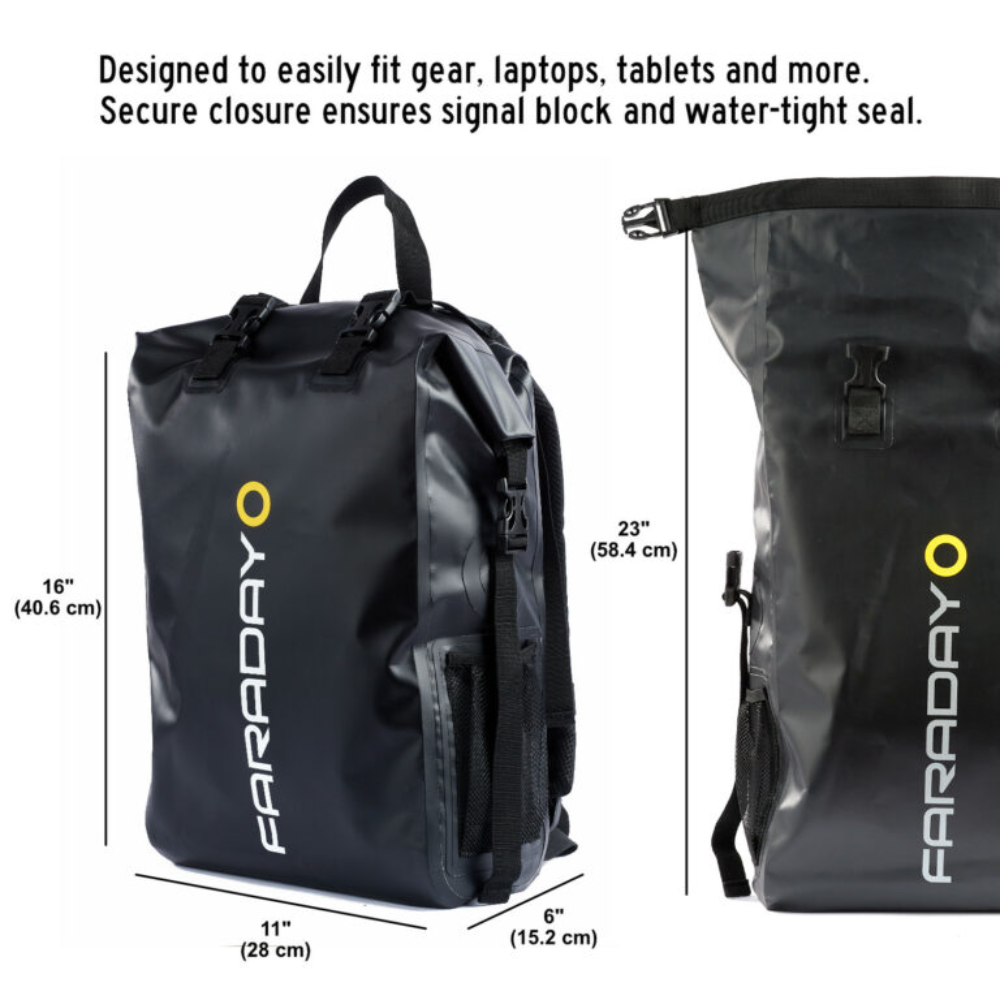 Faraday Dry Bag Backpack features dimensions 16" x 11" x 6" for gear storage and signal blocking.