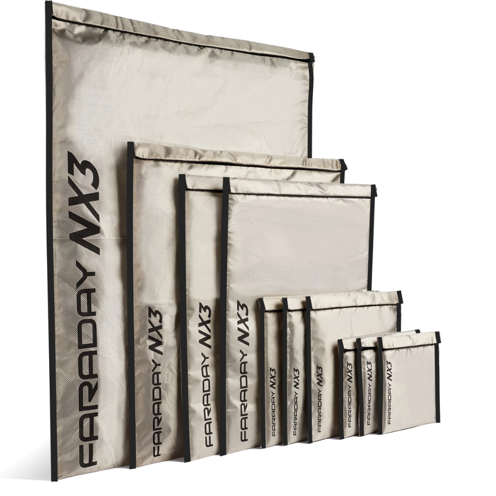 Faraday 10 PC Mega Kit NX3 set of triple-layer CYBER fabric Faraday bags for electronic protection.