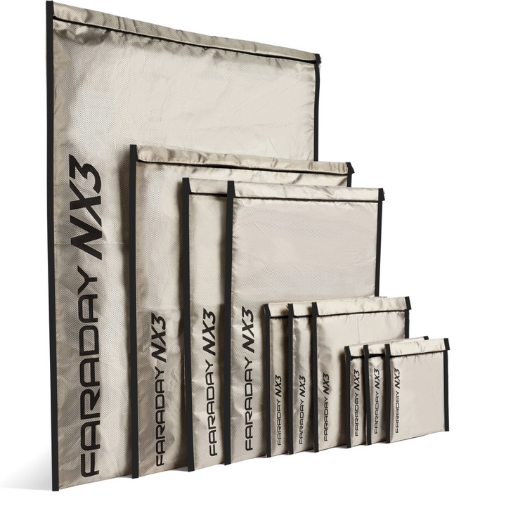 Faraday 10 PC Mega Kit NX3 set of triple-layer CYBER fabric Faraday bags for electronic protection.