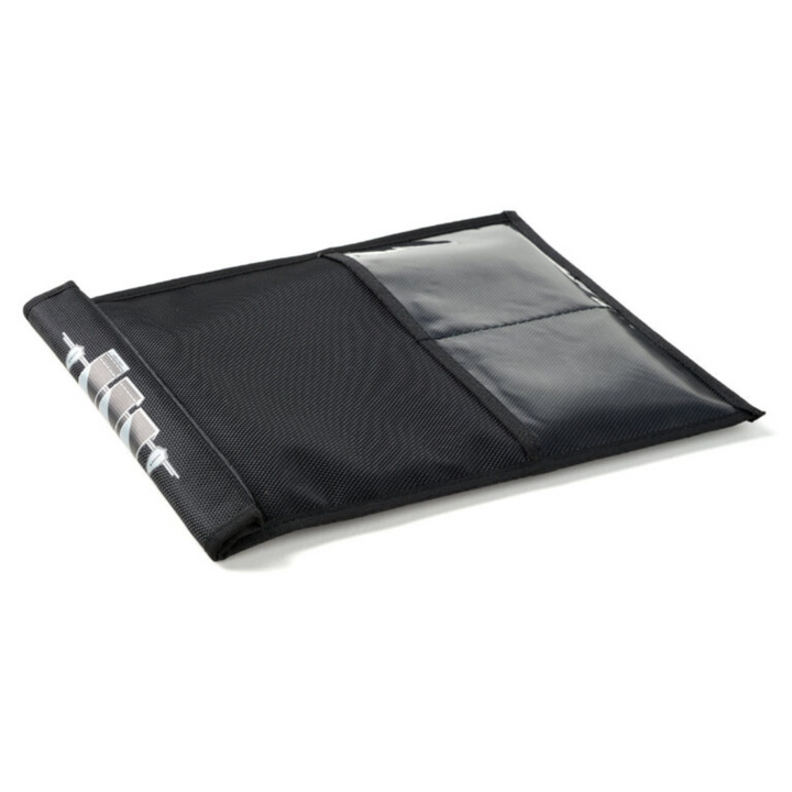 Faraday Jacket Tablet Forensic Faraday Bag blocking signals, black fabric with transparent pockets, 7.5" x 10" size.