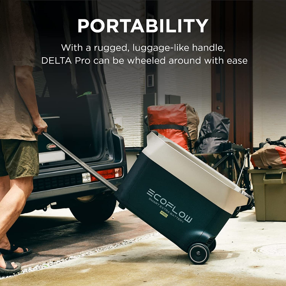 EcoFlow DELTA Pro 3600Wh Portable Power Station For Home Backup Power, showcasing its portability with a wheeled design.