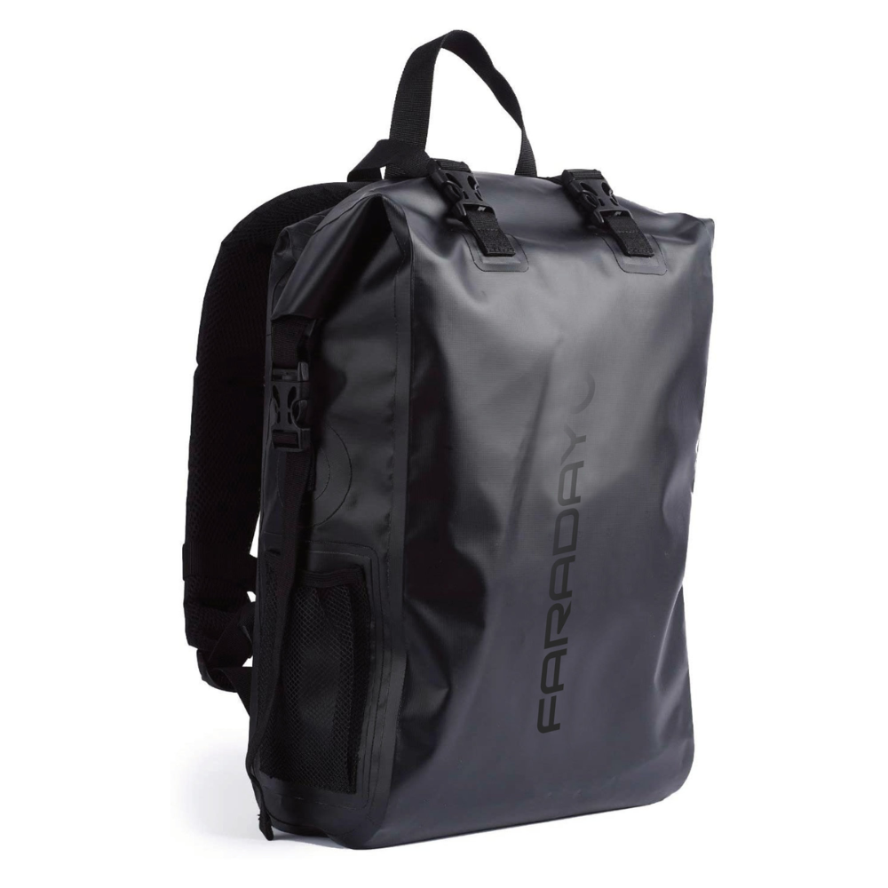 Faraday Dry Bag Backpack in stealth black with dual-clip closure and mesh pockets for secure storage.