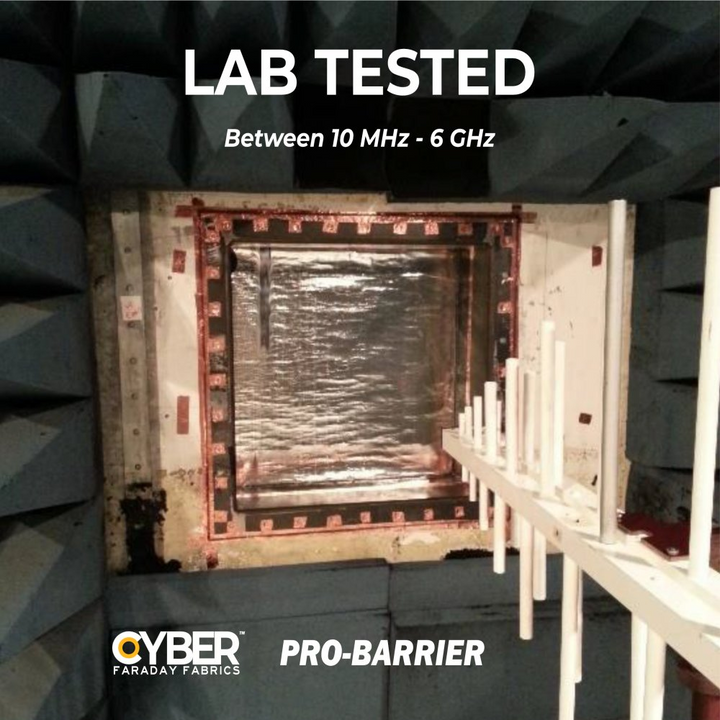 Faraday Cyber Pro Barrier Lab Tested EMF shielding between 10 MHz - 6 GHz in a controlled environment.