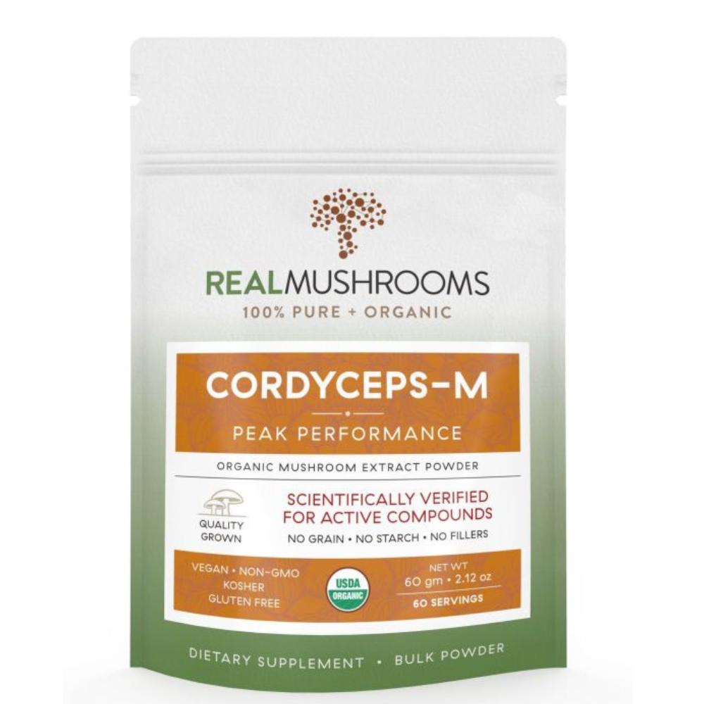Real Mushrooms Cordyceps Organic Mushroom Extract Bulk Powder 60 Grams packaging with peak performance benefits.