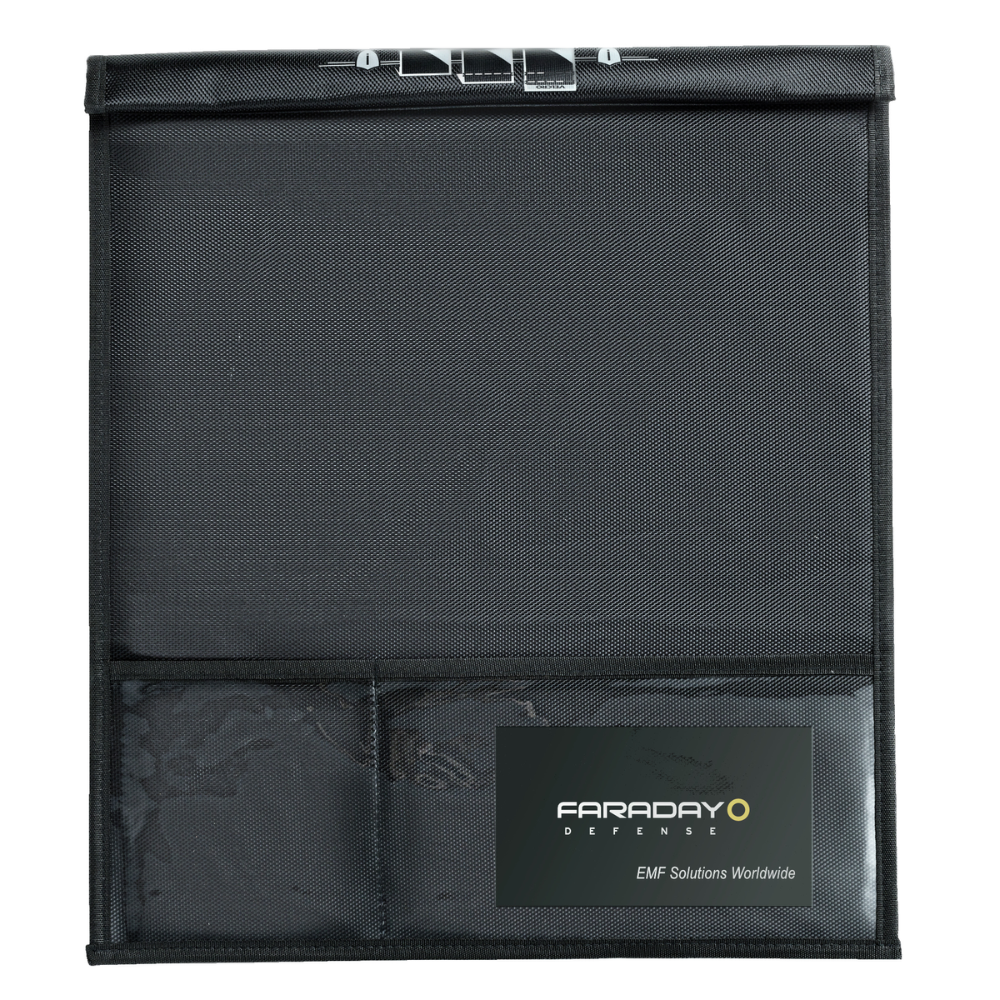 Faraday Jacket Forensic Faraday Laptop Bag showing a sleek black design and secure compartments for blocking signals.