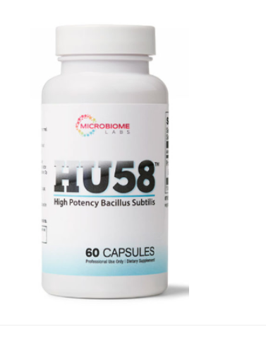 Microbiome Labs HU58 Probiotic 60 Caps bottle featuring high potency Bacillus subtilis for microflora balance.