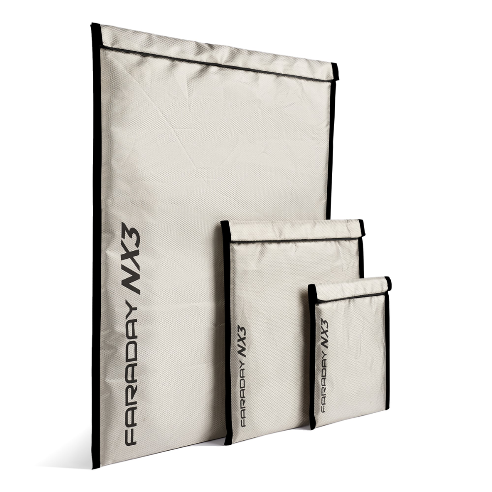 Faraday 3 PC Small Kit NX3 RFID Block Triple-Layer CYBER Fabric Bags displayed in three sizes.