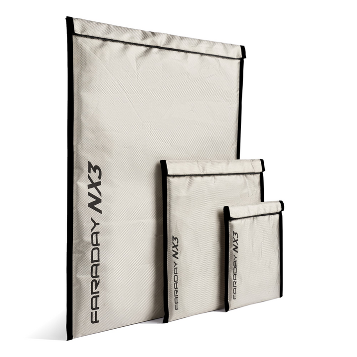 Faraday 3 PC Small Kit NX3 RFID Block Triple-Layer CYBER Fabric Bags displayed in three sizes.