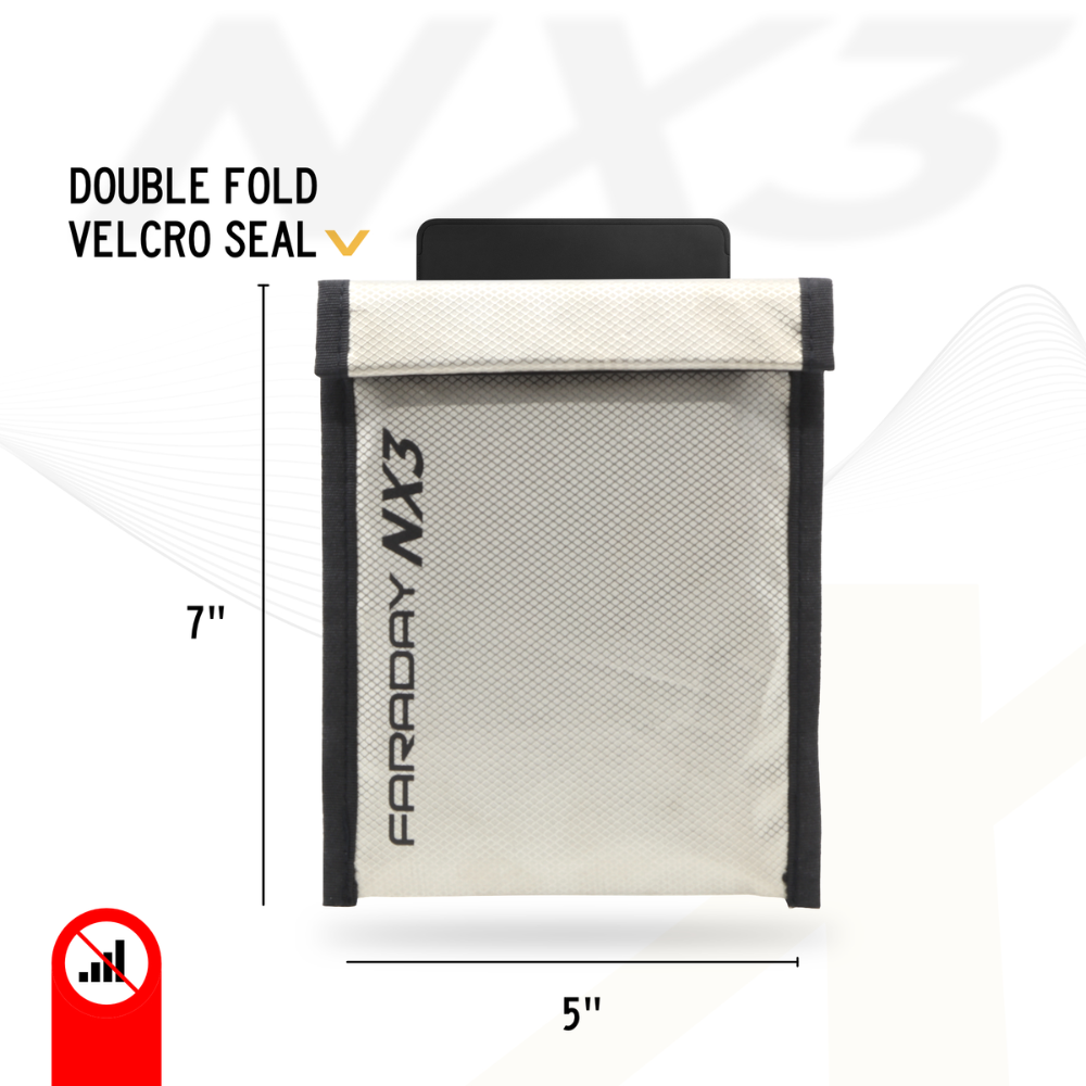 Faraday Defense NX3 ESD EMP bag with double fold velcro seal, dimensions 7x5 inches