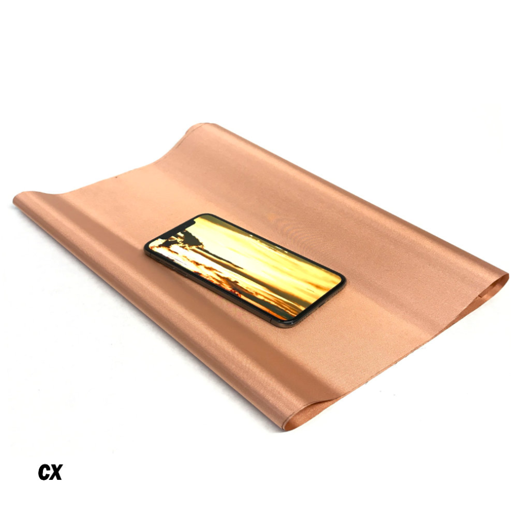 Faraday Cyber CX Faraday Fabric EMF RF Shielding Copper Roll with smartphone displayed on top.