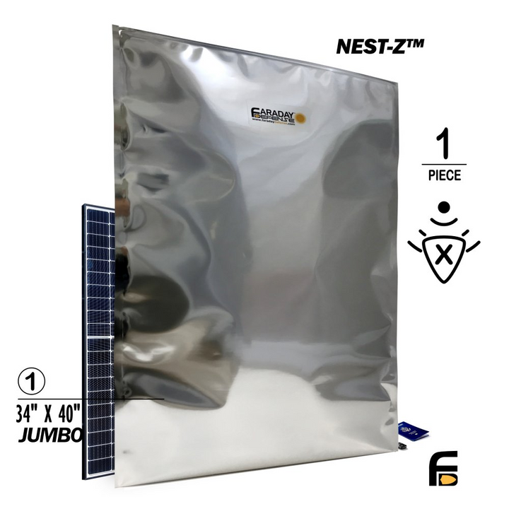 Faraday 1 PC XXX-Large NEST-Z 7.0 Mil ESD/EMP Heat Seal Bag 34" x 40" with reflective surface and solar panel.