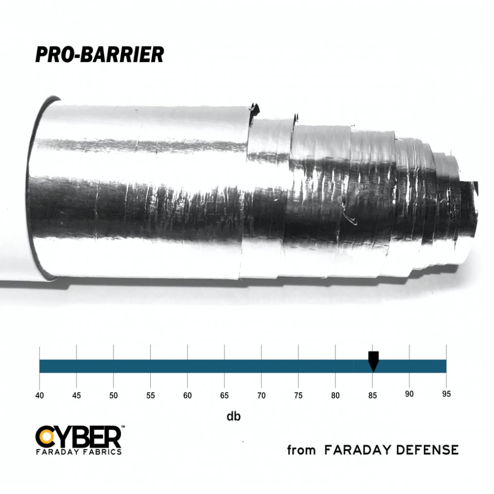 Faraday Cyber Pro Barrier Fabric EMF RF Shielding Foil Roll displayed with dB measurement scale.