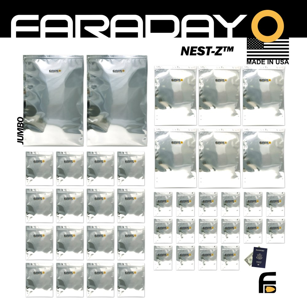 Faraday 40 PC Mega Kit NEST-Z 7 Mil includes Jumbo, Large, Medium, and Small EMP bags for electronics protection.