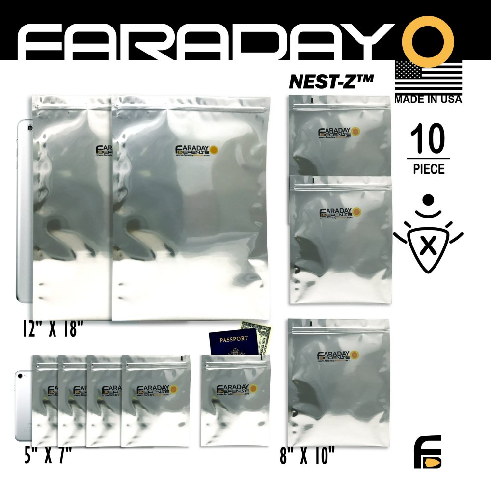 Faraday 10 PC Large-Kit NEST-Z 7 Mil moisture barrier EMP bags in various sizes for electronic protection.