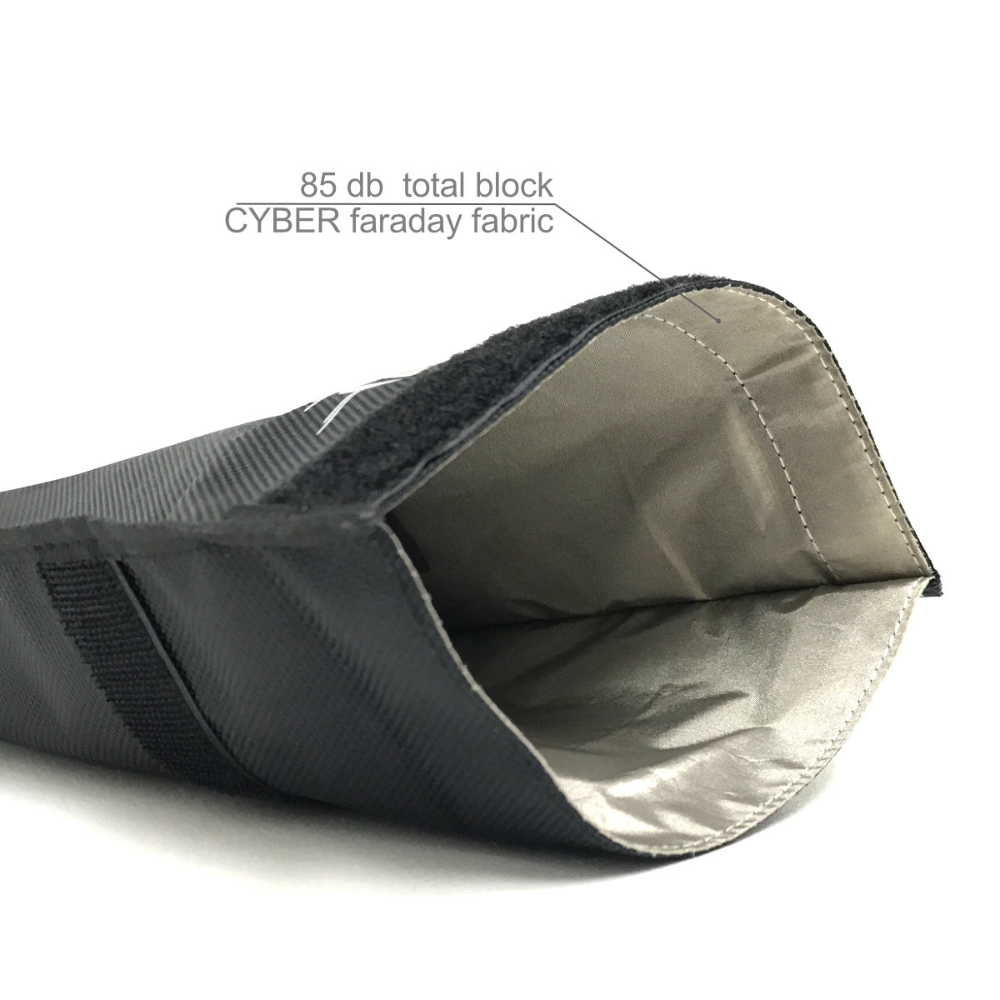 Faraday Jacket Tablet Forensic Faraday Bag interior showing 85 dB total block CYBER faraday fabric.