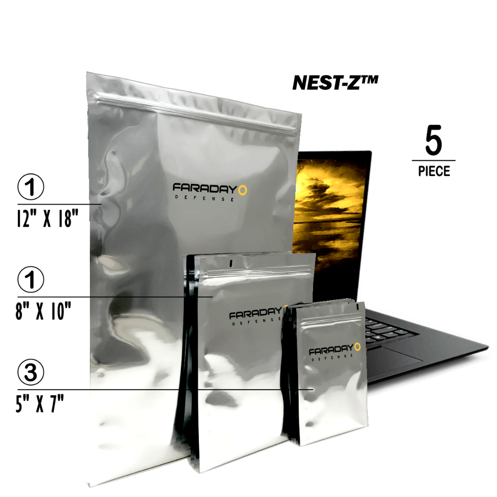 Faraday 5 PC Medium Kit NEST-Z EMP 7 Mil bags displayed next to a laptop, showcasing sizes for electronic protection.