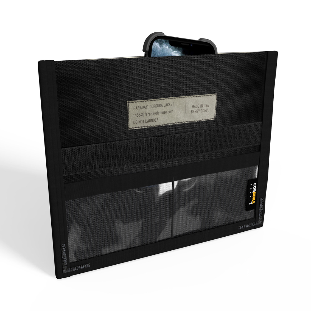 Faraday Cordura Berry Compliant JACKET showcasing a durable black cell phone bag with CORDURA® outer layer.