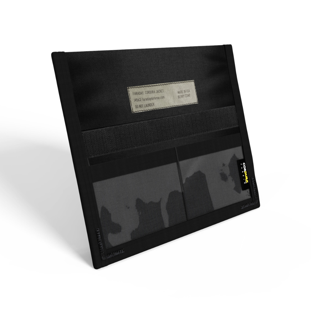 Faraday Cordura Berry Compliant JACKET image featuring front view with instructions and compartments for cell phone storage.