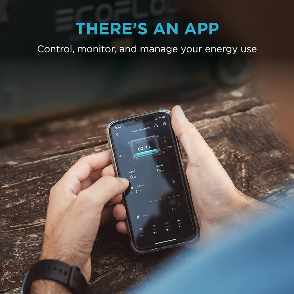 Person using EcoFlow app on smartphone to control energy consumption.