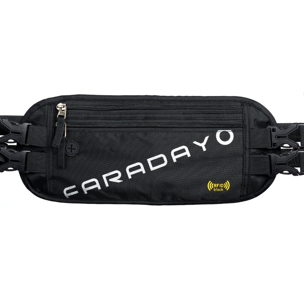 Faraday Waist Pack RFID with adjustable straps for secure storage of documents and valuables while traveling.
