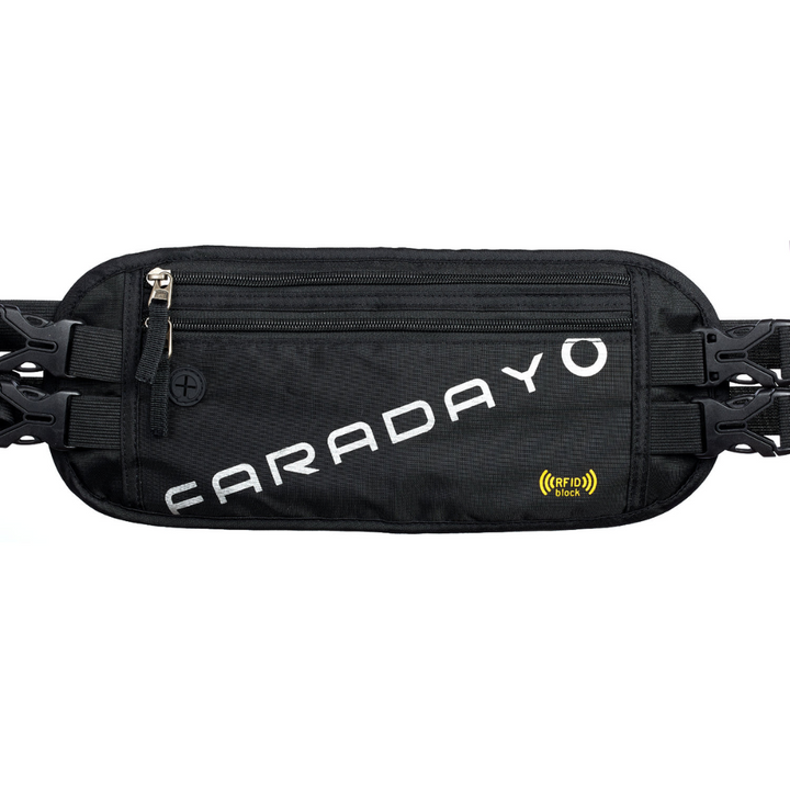 Faraday Waist Pack RFID with adjustable straps for secure storage of documents and valuables while traveling.