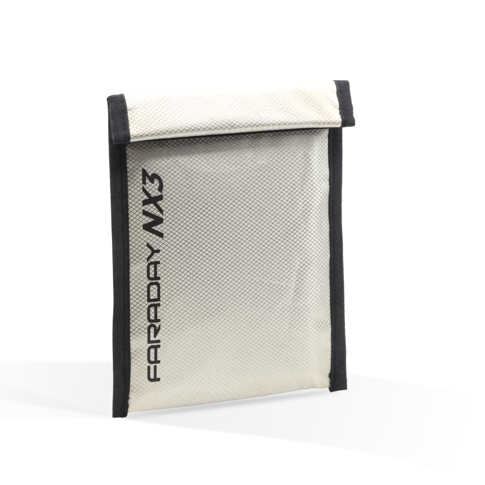 Faraday Defense NX3 signal blocking bag for device protection against hacking and tracking.