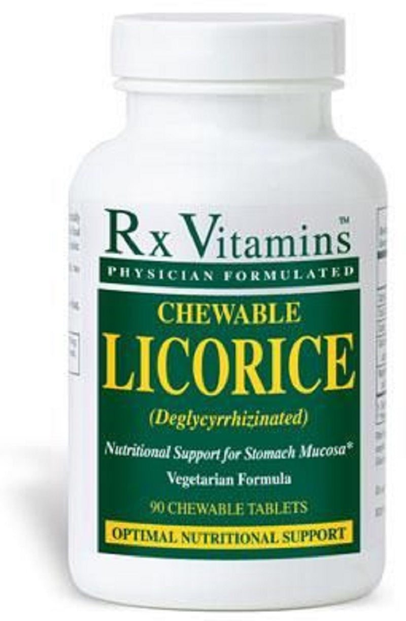 Rx Vitamins Chewable Licorice DGL 90 Tablets for digestive support and nutritional health.
