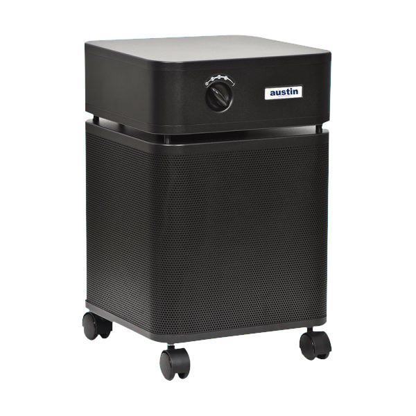 Austin Air HealthMate Standard HM400 HEPA air cleaner in black, portable design with wheels for easy movement.