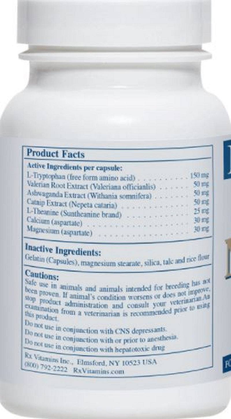 Rx Vitamins For Pets NutriCalm 50 Caps Stress Relief Formula for Dogs product facts and active ingredients.