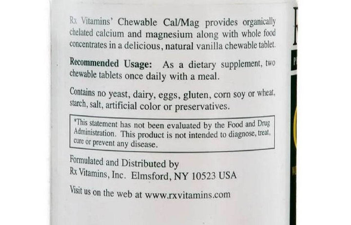 Label details for Rx Vitamins For Human Calcium Magnesium Vanilla Chewables 90 Tablets with usage instructions and ingredients.