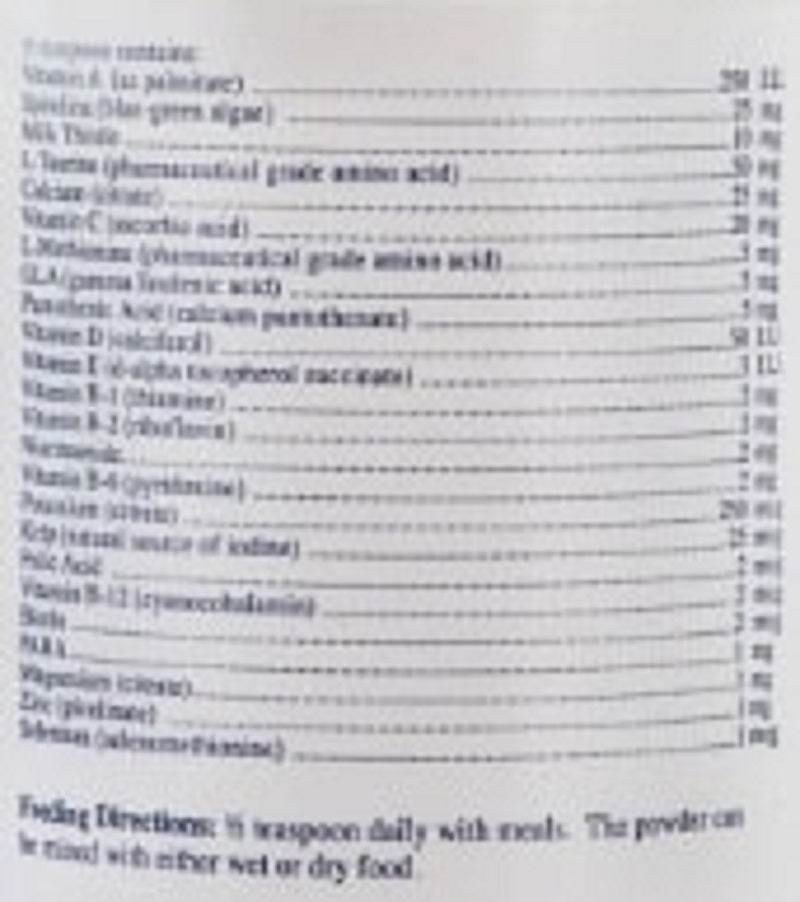 Nutrition label for RX Vitamins For Pets Rx Essentials For Cats 4 oz, including vitamins and feeding directions.